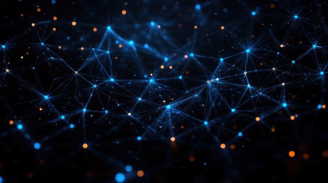 Abstract digital network with glowing blue and orange nodes connected by fine lines on a dark background, representing data flow and connectivity