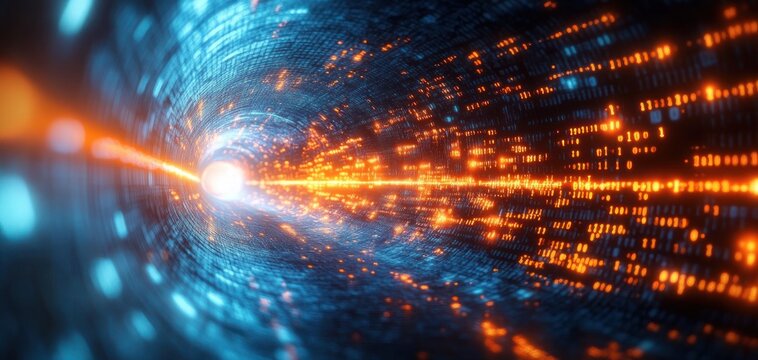 Dynamic visualization of glowing orange binary code flowing through a swirling blue digital tunnel conveying high-speed data transmission and futuristic technology