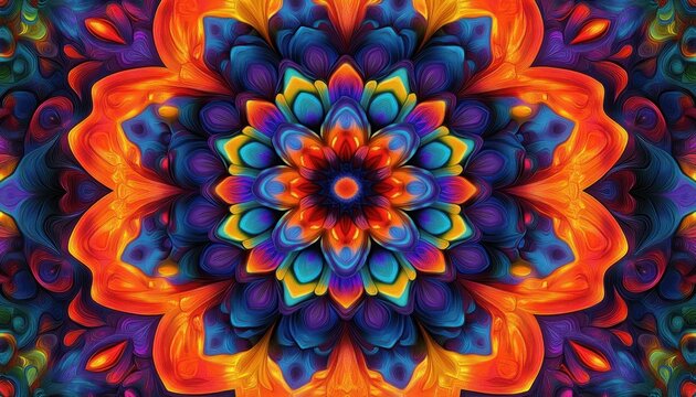 Vibrant and intricate symmetrical mandala pattern with rich orange, blue, yellow, and purple hues creating a vivid and dynamic floral design - Powered by Adobe