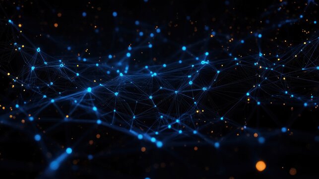 Abstract digital network of interconnected blue nodes and lines glowing on a dark background with scattered orange particles evoking technology and connectivity