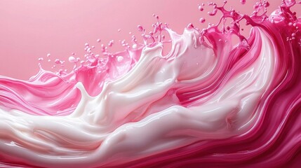 Dynamic splash of swirling pink and white liquid paint creating fluid waves and droplets against a soft pink background