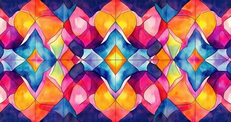 Vibrant symmetrical watercolor pattern with colorful diamond and heart-like shapes in pink, orange, blue, and purple shades creating a kaleidoscopic effect