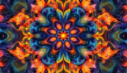 vibrant symmetrical abstract pattern with glowing blue and orange petal shapes radiating from a fiery center creating a mesmerizing kaleidoscopic effect
