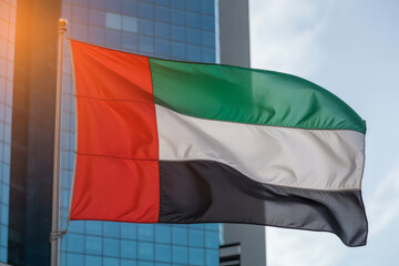 Iconic United Arab Emirates flag waving proudly in front of modern skyscraper, symbolizing national pride and unity