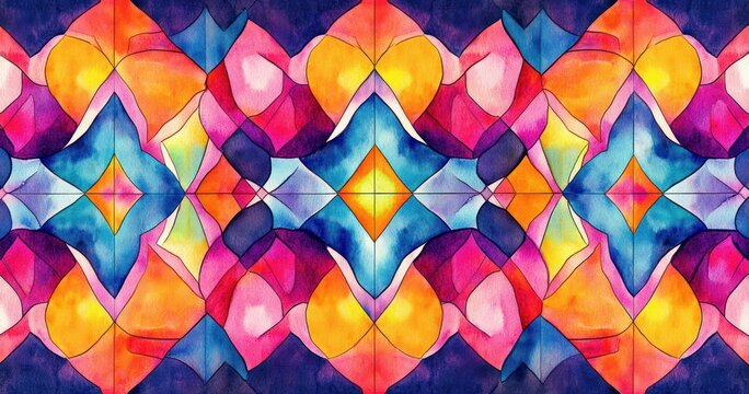 Vibrant symmetrical watercolor pattern with colorful diamond and heart-like shapes in pink, orange, blue, and purple shades creating a kaleidoscopic effect
