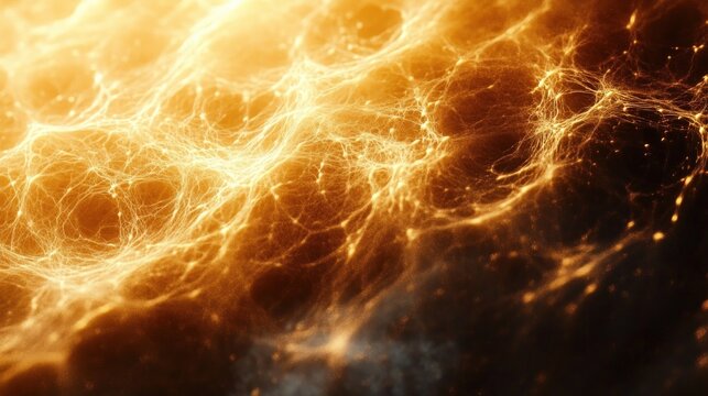 abstract glowing golden web or network of intricate fibers with dynamic luminous strands creating a sense of energy and movement