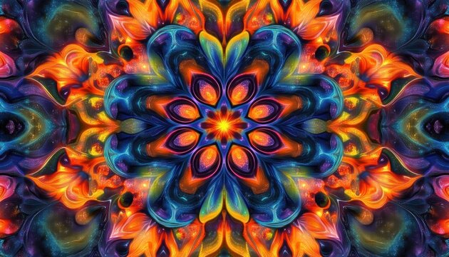 vibrant symmetrical abstract pattern with glowing blue and orange petal shapes radiating from a fiery center creating a mesmerizing kaleidoscopic effect