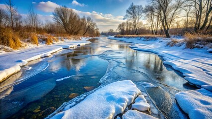 Serene Winter River Scene  Snow-covered banks embrace a flowing stream, partially frozen, reflecting the winter sunlight on its crystal-clear surface.