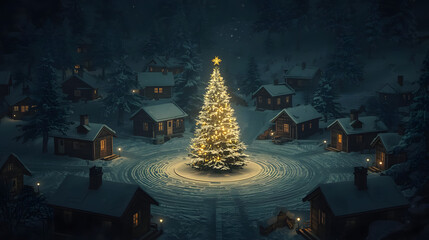 Christmas village scene with a large illuminated Christmas tree, surrounded by snowy cabins at night