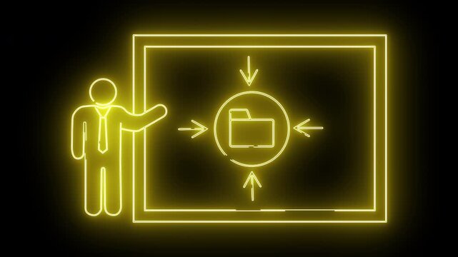 A neonyellow sign shows a presenter pointing to a board with a folder icon surrounded by arrows on a black background