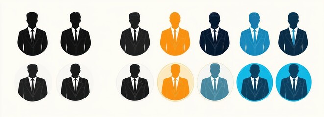 Collection of male silhouette avatars in business suits with one avatar highlighted in bright orange and others in shades of black, blue, and gray on a light background