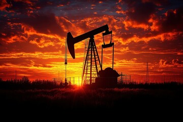 Silhouette of an oil pumpjack in a field at sunset with dramatic fiery orange and red clouds in the sky