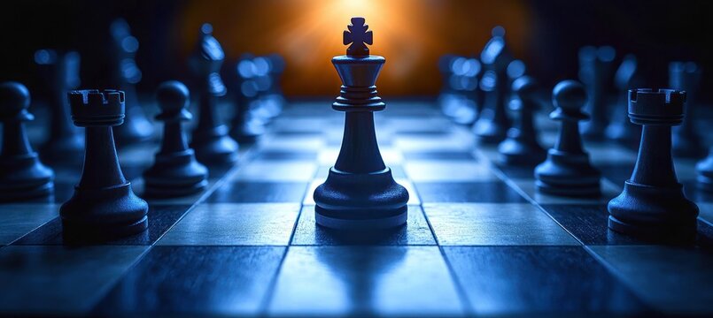 Close-up of a black chess king piece in the center of a chessboard surrounded by other chess pieces under dramatic blue and orange lighting conveying strategy and intensity - Powered by Adobe