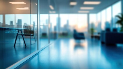 Modern office space with reflective glass walls and a blurred cityscape view at sunset creating a calm and professional atmosphere