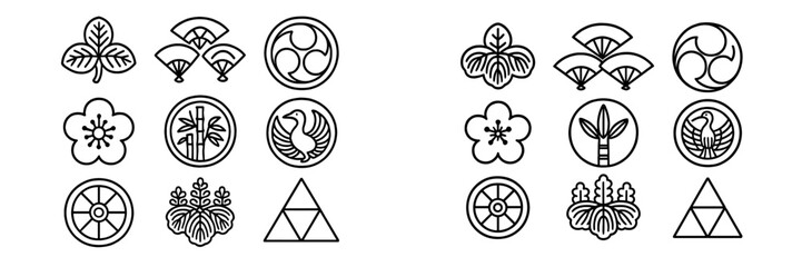 Various traditional Japanese motifs featuring flowers, symbols, and geometric designs arranged in two panels © PAPA STOCK