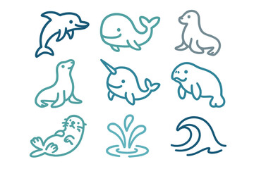 Dolphin, whale, seal, and other marine animals swim and play in a colorful ocean scene with waves