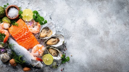 Fresh seafood assortment on ice with lime slices and herbs.