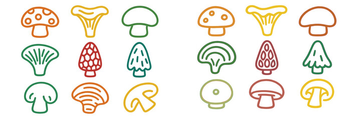 Various mushroom illustrations showing diverse shapes and colors in a playful arrangement on a light background