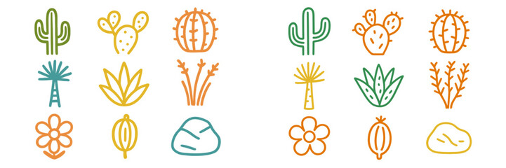 Colorful collection of hand-drawn desert plants and flowers on white background showcasing nature's diversity