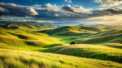 Obraz premium Serene Rolling Hills Landscape Under a Dramatic Sky with Golden Hour Light Illuminating the Lush Green Meadows