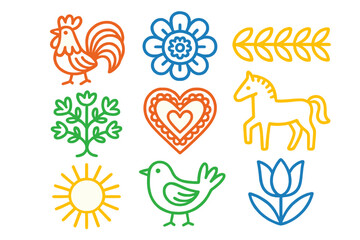 Colorful collection of whimsical drawings featuring animals, plants, and symbols in a bright and playful style