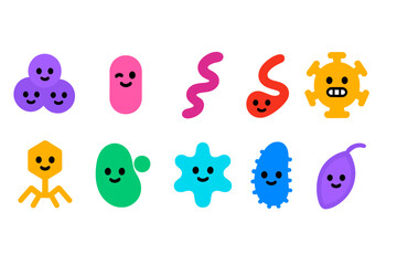 Colorful cartoon microbes smiling in a playful design for educational purposes