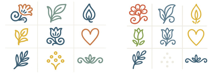 Colorful floral designs arranged in a grid pattern showcasing various plant motifs and decorative shapes