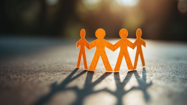A group of orange paper cutouts forming a circle on a wooden surface with a blurred background.