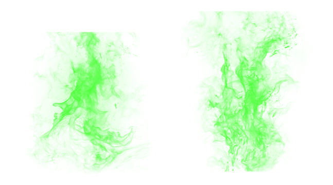 Two textured green paint stroke shapes on black background, irregular edges, grunge art, digital graphic