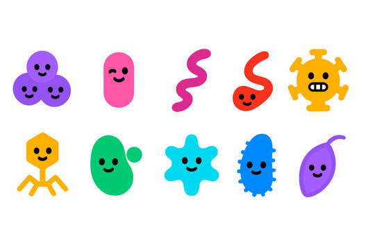Colorful cartoon microbes smiling in a playful design for educational purposes