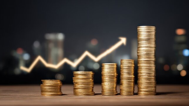 A stack of coins on a table with a city skyline in the background.