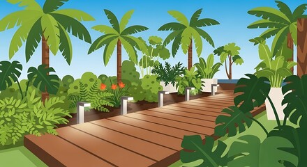 Fototapeta premium Serene tropical garden escape with palm trees and wooden pathway design