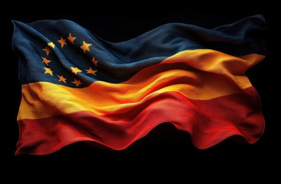 Waving textured flag with dark blue, yellow, and red horizontal stripes and a circular arrangement of yellow stars on the upper left corner