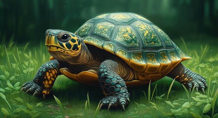 Obraz premium Close-up of a colorful turtle crawling on lush green grass in a natural environment with a calm and peaceful atmosphere