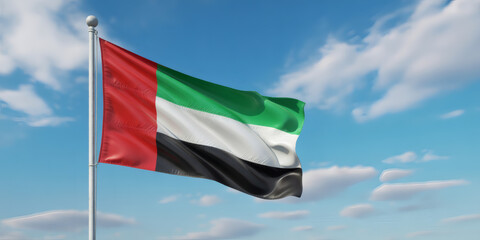 Proudly waving United Arab Emirates flag against stunning blue sky, embodying patriotism and national pride for celebrations