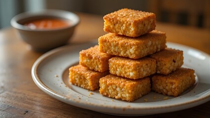 Golden Fried Appetizer Squares Stacked on a Plate with Dipping Sauce