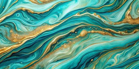 Obraz premium Abstract Teal and Gold Swirling Liquid Marble Texture with Fine Gold Glitter Details