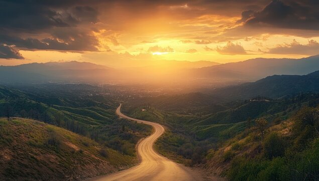 Winding dirt road through lush green hills leading towards distant cityscape under dramatic golden sunset sky with clouds