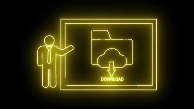Illuminated design a figure gestures toward a download folder icon against a dark backdrop