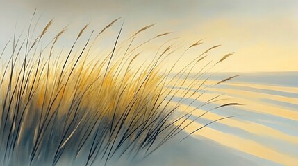 Golden tall grass swaying gently on sandy dunes during soft sunrise or sunset casting long shadows over smooth sand