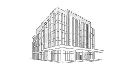 Fototapeta premium Modern Glass Office Building Sketch Architectural Drawing Blueprint Style