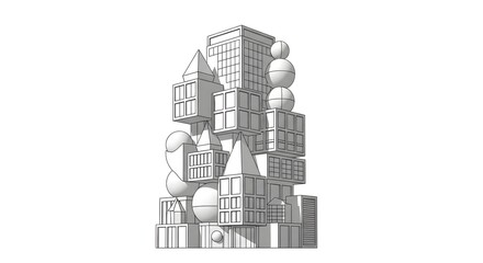Obraz premium Abstract Architectural Sketch of Stacked Geometric Buildings and Spheres in Monochromatic Line Art