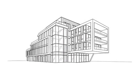 Fototapeta premium Modern Commercial Office Building Sketch Architectural Blueprint Drawing Outline