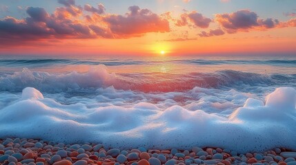 Vibrant sunset over calm ocean waves with sea foam washing onto rocky pebble shore under colorful cloudy sky
