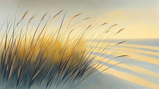 Golden tall grass swaying gently on sandy dunes during soft sunrise or sunset casting long shadows over smooth sand