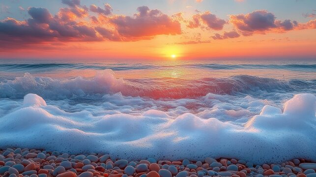 Vibrant sunset over calm ocean waves with sea foam washing onto rocky pebble shore under colorful cloudy sky