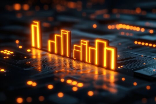 Glowing orange digital bar graph hovering above a black circuit board with illuminated dots reflecting on the surface, symbolizing data analytics and technology