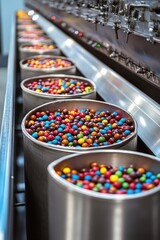 Multiple large metal containers filled with colorful candy-coated chocolates lined up on a conveyor belt in a factory setting