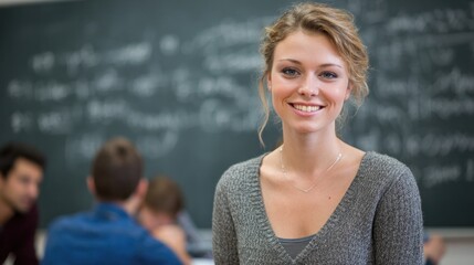 A young woman standing in front of a chalkboard in a classroom.