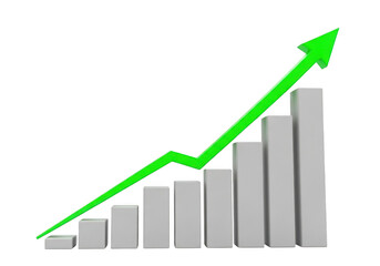 3d bar chart with upward trending green arrow isolated on transparent background